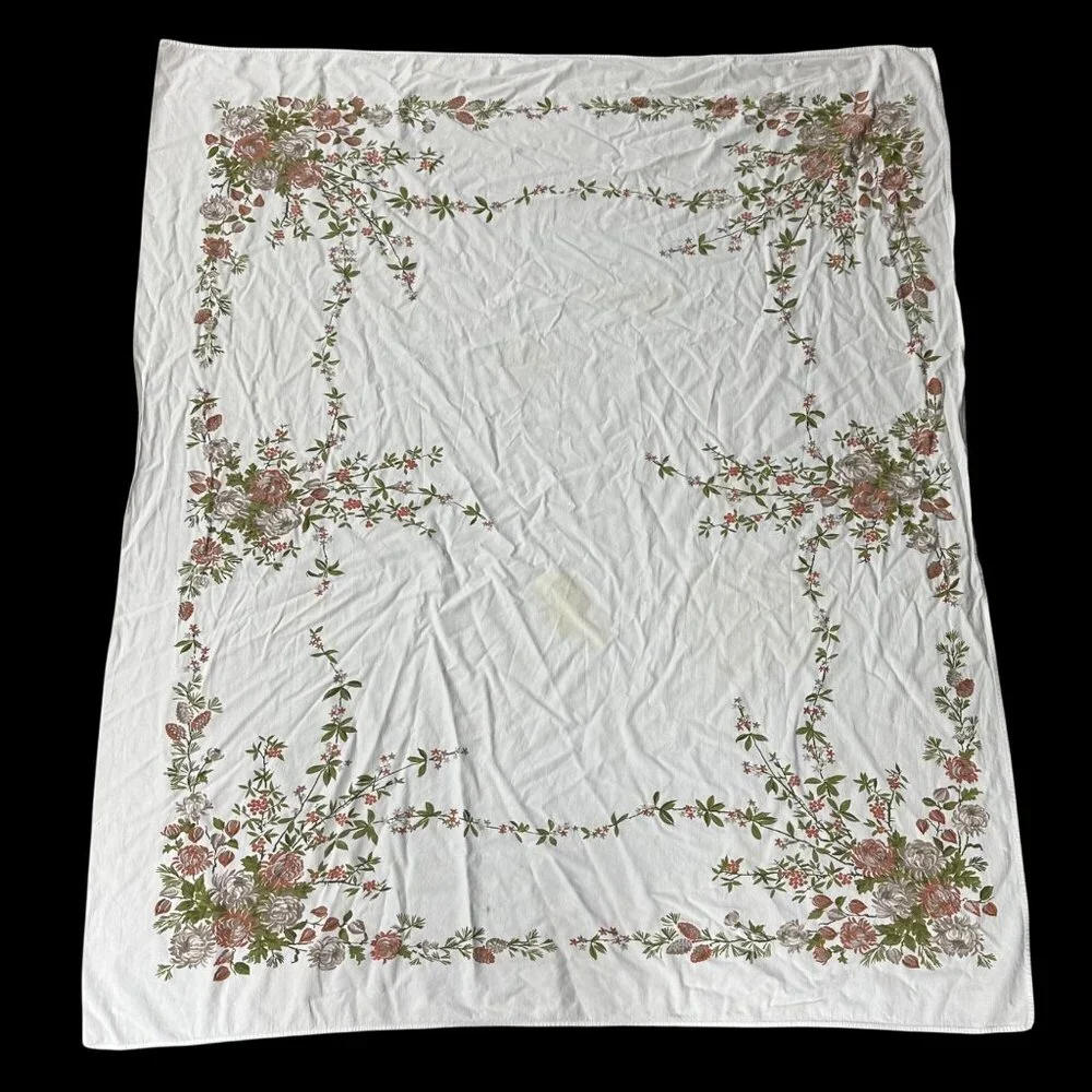 Vintage Floral Tablecloth Cotton Fall Beige Burnt Orange White Kitchen Stains - Picture 2 of 8